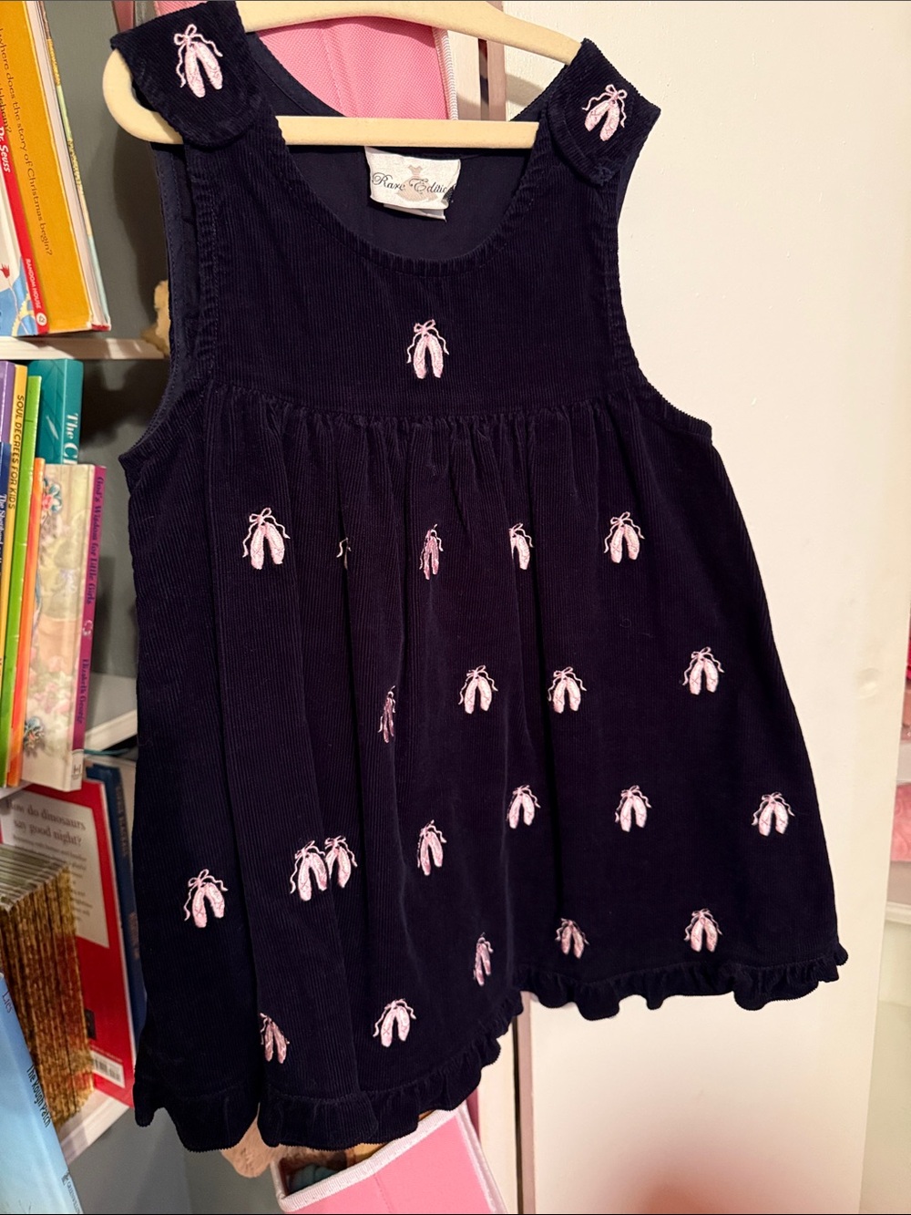 Rare Editions Black Corduroy Tank Dress with Pink Ballet Embroidery